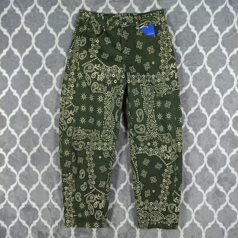 Barrel Leg Jeans Women Size Small Olive Green Bandana Print Western Boho